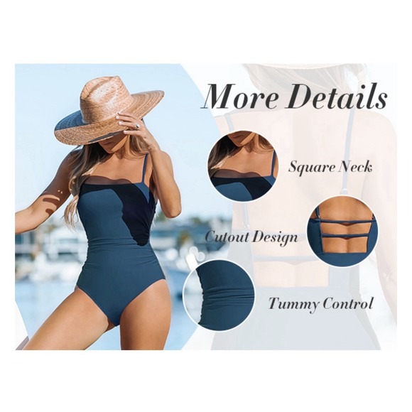 CUPSHE Womens XS Dark Blue Sandy Daze One Piece Swimsuit Square Neck Tummy Contr - Picture 5 of 6